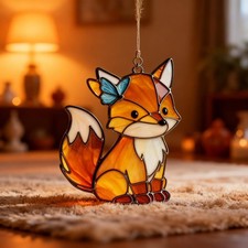 Handmade 2D Acrylic Fox Suncatcher with Blue Butterfly, Cute Woodland Animal picture