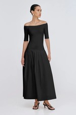 New Marcella NYC Mila Maxi Dress Black Off Shoulder Pleated Cotton Size Medium picture