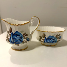 Vintage 50s Paragon Blue Rose Fluted Bone China Creamer & Sugar Set - England picture