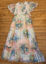 Vintage 70s RAR Designer Floral Prairie Maxi Dress Lace Flutter Sleeve Boho Sz 8 picture