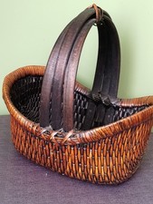 Stunning Large Antique Chinese Willow Reed Rice Gathering Wood Handle Basket picture