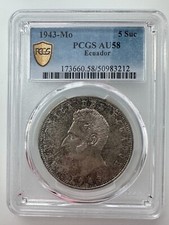 1943-Mo ECUADOR 5 Sucres PCGS AU58 Silver (.720) picture