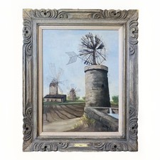 1971 Signed Palma de Majorca Windmills Landscape Painting Oil on Canvas 32”H picture