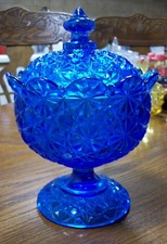 Fenton Daisy & Button Cobalt Blue Compote Lidded Candy Dish picture