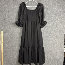 Madewell Lucie  Smocked Midi Dress Womens Size XS Black Puff Sleeves picture