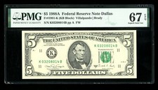 DBR 1988-A $5 FRN Dallas Superb Gem Fr. 1981-K PMG 67 EPQ Serial K03208014B picture