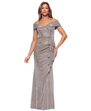 Xscape Sand Cascade Ruffle Detail Off the Shoulder Metallic Gown Size 16P $279 picture