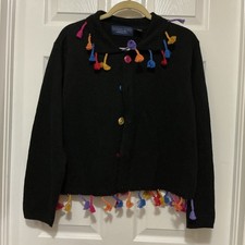 Catherine Stewart BELLEPOINTE black Cardigan SWEATER XL Colorful Tassels picture