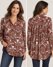 Chico’s Size 2 Paisley Button Front Blouse Burgundy Red Boho Retro Tunic Top picture