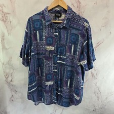 Vintage Rayon Shirt Womens 3X Blue Purple Button Up Camp Short Sleeve 80s 90s picture