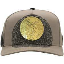 Men’s Beige El Centenario Cap – Gold 50 Pesos Coin Emblem with Aztec Pattern picture