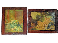 Pair Vintage François Boucher Wood Plaques Diana & Marchande de Modes Rococo Pri picture