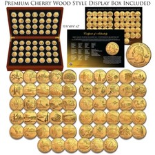 Complete 24K GOLD Clad STATEHOOD Quarter 56 Coin Set in Premium Cherry Wood Box picture