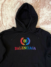 Balenciaga Men's L Black Cotton Fleece Pullover Hoodie Embroidered Rainbow Logo picture