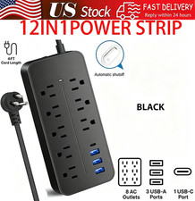 US Power Strip Surge Protector 8 AC Outlets 3 USB Ports + Type C Port 4 FT Cable picture