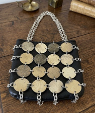 Vtg Murray Kruger Italy Black Leather Chainmail Disc Shoulder Bag Purse SpaceAge picture