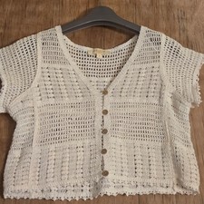Rebellion Again Cream Crochet Knit Button Front Cardigan Top Small Cotton Boho picture