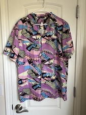 ROMWE Men's Neon Abstract Retro 80s/90s Graphic Button-Up Shirt - Size L picture