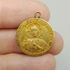 Vintage Sacred Heart Jesus Our Lady Mount Carmel Saint St Pendant Medal Charm picture