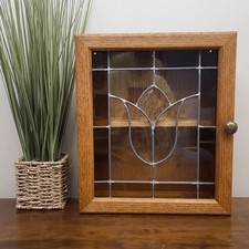 Vintage Wooden Stained Glass Tulip Wall Cabinet Hutch w Shelves Spices Vanity picture