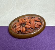 Vintage Plastic Wood Brooch Carved Flower Orange 2.5
