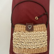 Brighton Women's Woven Straw Shoulder Bag, Dark Brown Leather Trim, Heart Accent picture