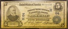 1902 $5 First Wisconsin NB Milwaukee National Currency Note Charter #64 picture
