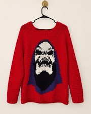 Hand Crocheted Skeletor Sweater Unisex Red Skull Graphic Knit He-Man 50” Chest picture