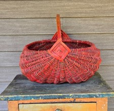 ANTIQUE PRIMITIVE VERY LARGE WICKER BASKET IN ORIGINAL RED PAINTED SURFACE picture