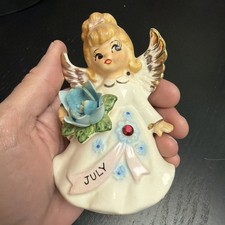 Vintage Lefton July Birthday Girl Angel Figurine 6224 4 1/2” Blue Flower Red Gem picture