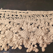 Antique Handmade Irish Crochet Lace Trim Edging 43” Raised Floral Scalloped Vtg picture