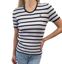 CHANEL Vintage 98P CC Logo Stripe Rib Knit T-shirt Top #40 Blue Cotton 902587 picture