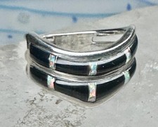 Vintage Sunbell Sterling Silver Black Onyx & Opal Inlay Band Ring Size 7.75 4.7g picture