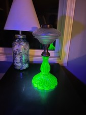 Antique Green Uranium & Etched Frosted Glass Oil Lamp Base w/ Brass Detail picture