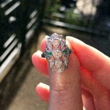 Vintage Three Stone Cocktail Ring 14K White Gold Over 2.3 Ct Simulated Diamond picture