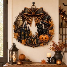 Personalized Halloween Wreath Wooden Door Sign Hanger Custom Family Name Decor picture