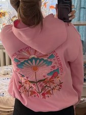 New Pink Palm Floral Embroidered Hoodie Pullover Cozy Casual Sweatshirt Women picture
