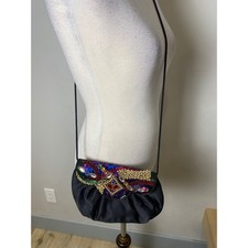 Vintage Carolyne Barton Black Satin Beaded Sequin Evening Bag Crossbody 80s 90s picture