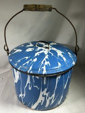 VTG Antique Blue Graniteware Bucket with Lid & Wood Handle 8.5