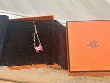 HERMÈS H Letter Pendant Necklace Pink Enamel Yellow Gold Cable Chain picture