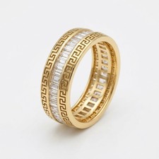 Gold Plated Silver Greek Key Ring Emerald Cut CZ Eternity Band Statement Jewelry picture
