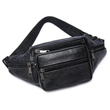 Genuine Leather Fanny Pack Multi Zippered Waist Bag Hip Belt Purse Black Pouch picture