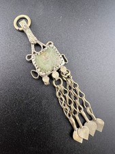 Vintage Tribal White Metal Pendant Green Stone Square Kuchi Boho Dangles 3.5