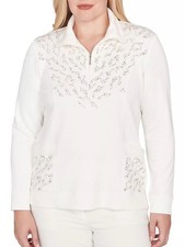 NWT Alfred Dunner Metallic Studded Animal Pattern 1/4 Zip Sweater in Vanilla picture