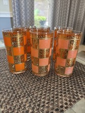 Vintage Culver Prado Orange 22 K Gold MCM Highball Glasses Set of 6 picture