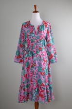 TALBOTS $158 Gorgeous Floral Ruffle Belted Tie Waist Cotton Dress Size 8 picture