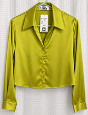 Jon & Anna Women's Green Satin Button Front Collared Long Sleeve Blouse L 1017 picture