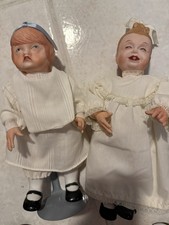 Pair Vintage Bisque Character Dolls 11” & 9.5” Pouting Smiling Baby Dolls picture