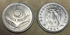 Hippo Hippopotamus Head 5 Francs Coin of Mali 1961 Aluminum Uncirculated KM # 2 picture