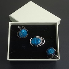 Attributed to Elsa Freund Modernist Sterling Elsaramic Glass Ring Earrings Set picture